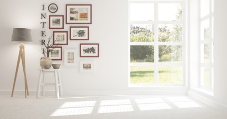 Idea of white empty room with green landscape in window. Scandinavian interior design. 3D illustration