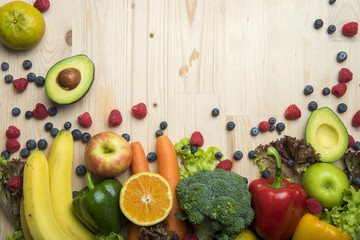 Vegetables and fruits on wood table ,Healthy food concept