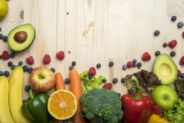 Vegetables and fruits on wood table ,Healthy food concept