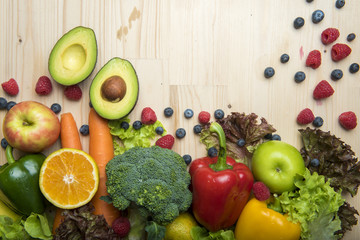 Vegetables and fruits on wood table ,Healthy food concept