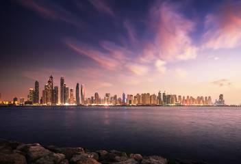 Fototapeta premium panorama of skyscrapers in Dubai Marina, sunset time, UAE