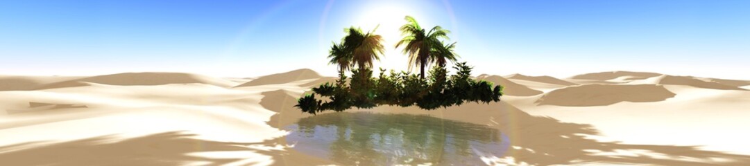 Fototapeta na wymiar Oasis, panorama of the sunset in the sandy desert, palm trees in the desert near the pond, 3d rendering
