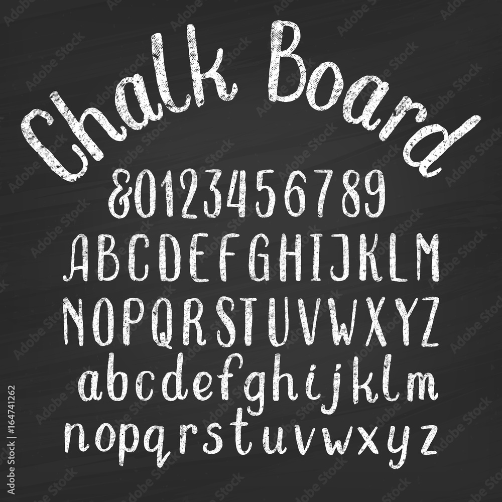 Fototapete hand drawn chalk board alphabet font. upper and lower case letters and numbers on a distressed backg
