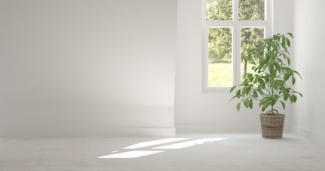 White empty room with green landscape in window. Scandinavian interior design. 3D illustration