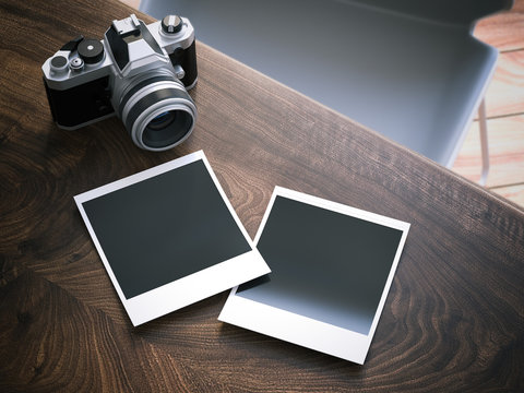 Camera and two blank photo frames. 3d rendering