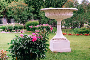 Antique vase and peonies in the park. Flowering summer garden with ancient marble sculpture and flowers. Blooming garden landscape for interior decoration, room, home, prints, calendars, wallpapers.