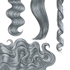 Set of shiny long grey fair straight and wavy hair curls, sketch style vector illustration isolated on white background. Set of hand drawn realistic healthy, shiny grey, flaxen hair curls