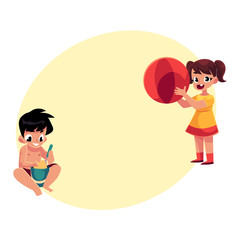 Two kids playing on sandy beach, girl with big ball, boy with bucket and shovel, cartoon vector illustration with space for text. Kids playing on beach with sand and inflatable ball