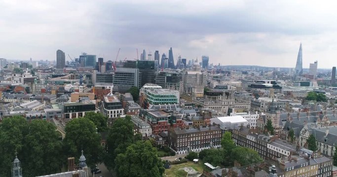 Aerial descending view of the skyline of the City of London from the Inns of Law