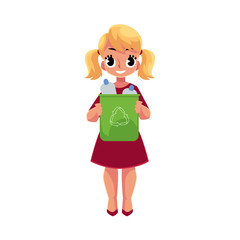 Girl holding trash bin with plastic bottles, garbage recycling concept, cartoon vector illustration isolated on white background. Full length portrait of girl with trash bin full of plastic bottles