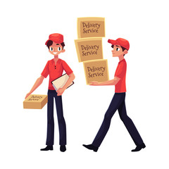 Courier, delivery service worker holding package, carrying pile of boxes, hand cart with boxes, cartoon vector illustration isolated on white background. Full length portrait of young delivery service