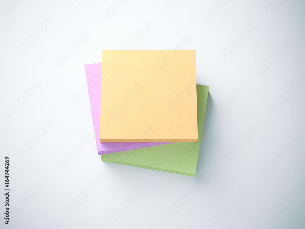 Poster three stacks of sticky notes. 3d rendering