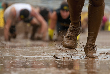 Mud race runners passing under a barbed wire obstacles during extreme obstacle race,detail of the legs - obrazy, fototapety, plakaty