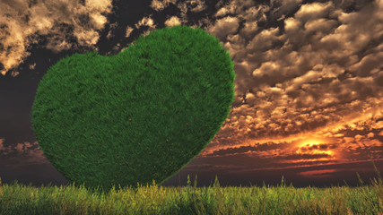 A grassy heart in a green meadow and stratus clouds in the evening. 3D Rendering.