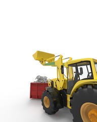Industrial background with skip and bulldozer 3d rendering