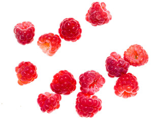 Juicy red raspberries on white background