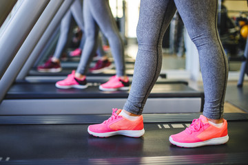 Sport concept. Close up of running female feet in sneakers in gym.