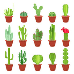 Cactus icons in a flat style on a white background. Home plants cactus in pots and with flowers. A variety of decorative cactus with prickles and without.