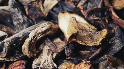 Background of dried mushroom. Natural healthy food concept. Macro shot.