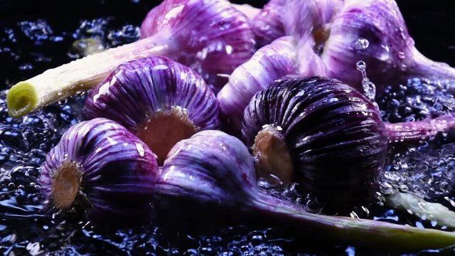 Amazing bathing for young garlic, laying in shallow water in back-light. Excellent slow motion for vibrant intro in full HD. Shooting with high-speed, 240fps, camera. Eco product for healthy food.
