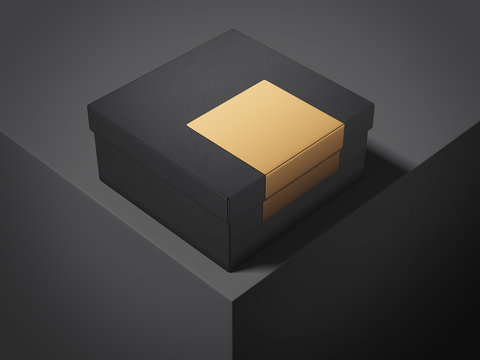Black luxuray box with golden sticker. 3d rendering