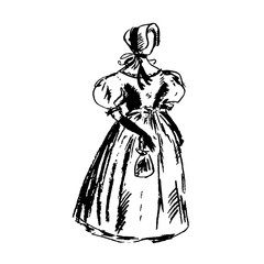 Stylish antique women's dress on the mannequin. No face. Vintage female clothes. Casual gown of victorian era. Accessories, hat, bag, long gloves. Sketch, graphics illustration. 