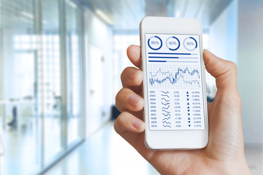 Smartphone with stock market investment financial dashboard, kpi, office interior