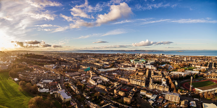 Aerial panoramic photograph of the North West Edinburgh's. Holyrood Park, Scotland, UK