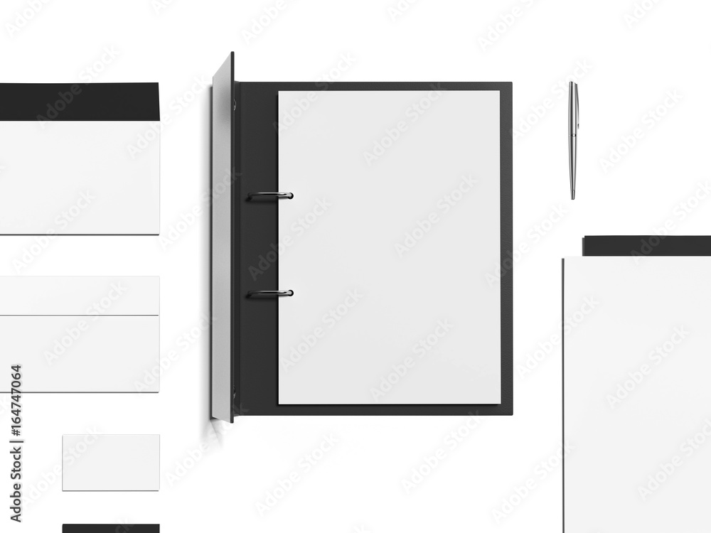 Poster mockup with black opened folder and blank sheets. 3d rendering