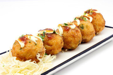 Takoyaki in white square plate and white background (Japanese food )