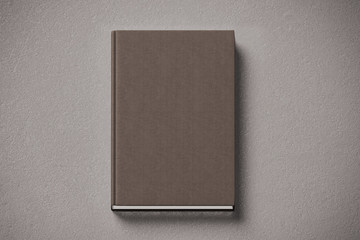 Blank brown tissular hard cover book mock up, front side view, 3d rendering. Empty notebook...