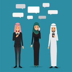 Arab people using mobile phone to communication. Group of people with speech bubble. Illustration vector cartoon.