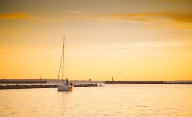 Sunset yacht. Sunrise and skyline