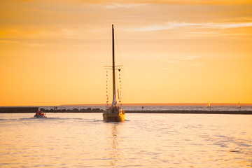Sunset yacht. Sunrise and skyline