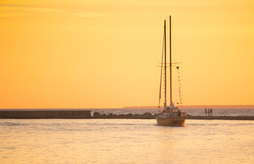 Sunset yacht. Sunrise and skyline