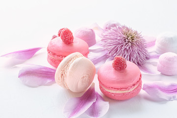 Macaroni with raspberries, marshmallows on a background of beautiful flowers of clematis. Close-up.