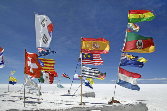 Many flags waving in the wind in Uyuni, Bolivia