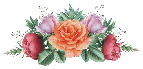 Hand painted watercolor charming combination of Flowers and Leaves, isolated on white background