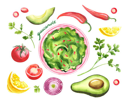 Guacamole - traditional mexican avocado sauce in bowl. Watercolor illustration isolated on white. National mexican food. Top view