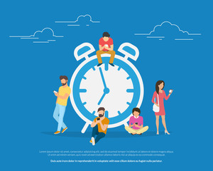 Alarm clock and people concept vector illustration of young people using smartphones for setting up morning alarm app notification. Flat people standing and sitting near big clock symbol