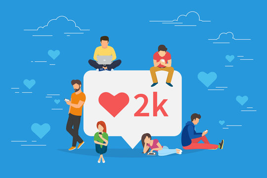 Social media bubble with red heart symbol flat vector illustration of young people using mobile gadgets such as laptop, tablet pc and smartphone for networking and collecting likes and comments.