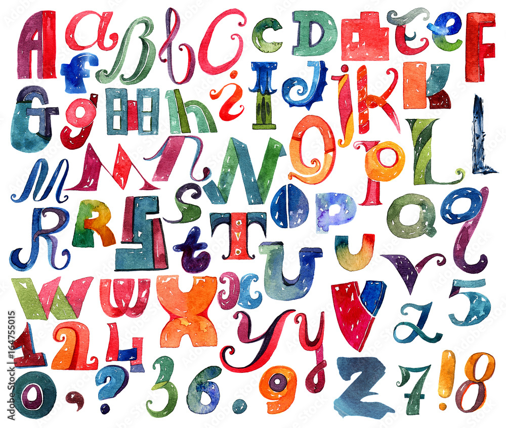 Poster large raster letters collection, hand drawn with watercolor and brush. font written with different s