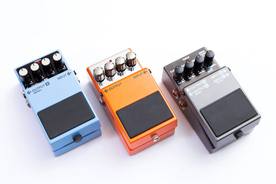 Guitar pedals. Set of guitar effect pedals on white background.