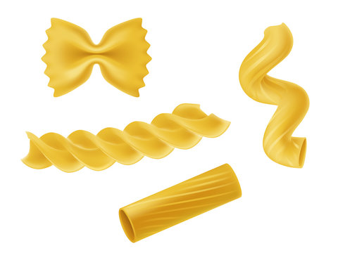 Vector illustration set of realistic icons of dry macaroni of various kinds, pasta, fusilli, rigatoni, farfalle, twists isolated on white background