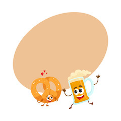 Happy aluminium beer mug and salty pretzel characters having fun together, cartoon vector illustration with space for text. Funny smiling beer mug and pretzel characters, good company