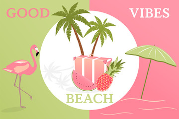 Summertime. Good vibes only with travel bag, pineapple, watermelon, flamingo and parasol in trendy watermelon colors.