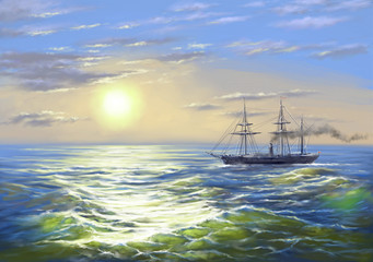 Fototapeta premium Sea landscape paintings, ship, oil, digital art