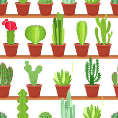 Naadloos patroon van bloemenpotten met cactussen en vetplanten. vector illustratie