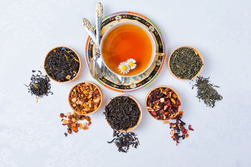 tea, Cup of tea, various kinds of tea, tea on the table