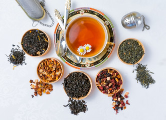 tea, Cup of tea, various kinds of tea, tea on the table